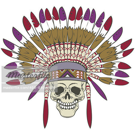 Vector of human skull with indian headdress in retro style