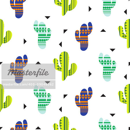 Cacti tribal vector seamless pattern. Mexican style color cacti textile print. Ethnic surface print with triangles on white wallpaper background.