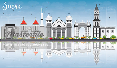 Sucre Skyline with Gray Buildings, Blue Sky and Reflections. Vector Illustration. Business Travel and Tourism Concept with Historic Architecture. Image for Presentation Banner Placard and Web Site.