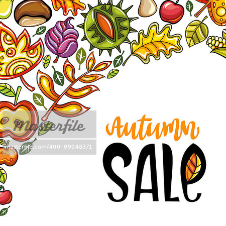 Vector Autumn Harvest Festival greeting card, background. Hand drawn banner: ripe pumpkin, oak leaf, chestnut, maple leaves, vegetables, acorn and mushroom. Farmers market, fall sale, social media