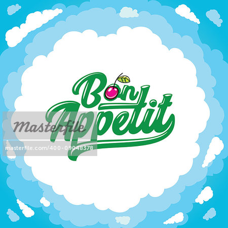 Vector cartoon frame: Bon appetit lettering, cartoon cherry. Place for your text. Clods and blue sky.