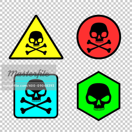 Skull stickers icon set on transparent background. Attention dangerous sign labels collection. Simple triangle round and square hazard toxic voltage alert symbol