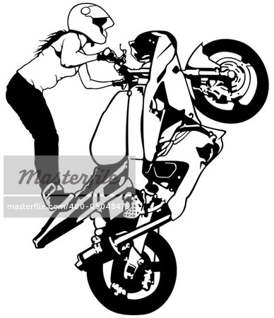 Motorbike Girl On The Rear Wheel - Black and White Illustration, Vector