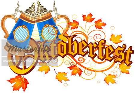 Oktoberfest Celebration design with glass of beer autumn leaves