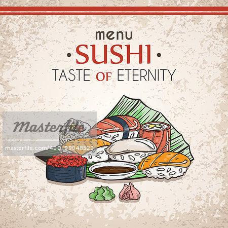 Doodle sushi and rolls on wood. Japanese traditional cuisine dishes illustration. Vector card for asian restaurant menu.