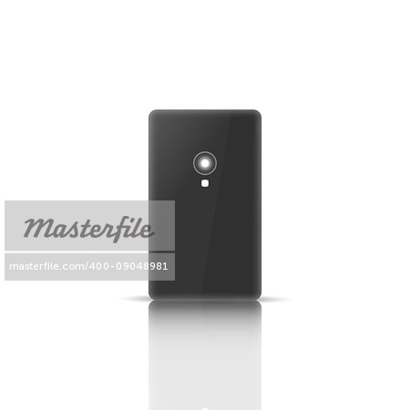 Photorealistic mobile phone with a mirror reflection, isolated on white background. Back side. Element for design of digital devices, vector illustration.