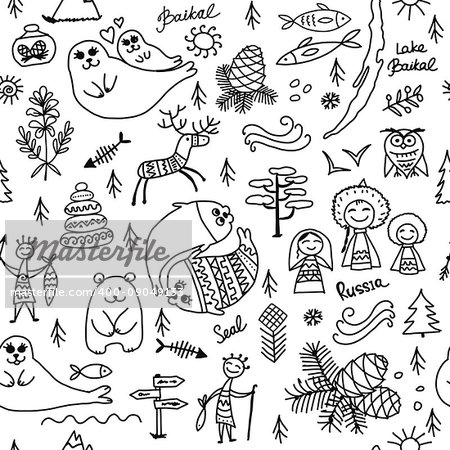 Travel to Baikal, Russia. Seamless pattern for your design. Vector illustration