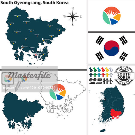 Vector map of province of South Gyeongsang with flags and location on South Korean map