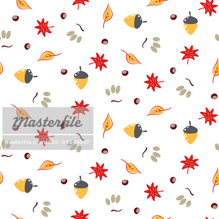 Autumn foliage seamless vector pattern. Fall seasonal nature leaves, acorns and chestnut cartoon texture.