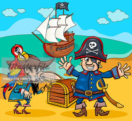 Cartoon Illustrations of Pirate Characters with Ship on Treasure Island