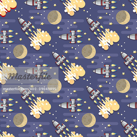 Cute Cartoon  Space rocket, star, planet and moon on blue background. Vector celestial seamless pattern.