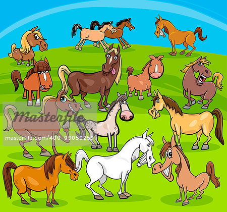 Cartoon Illustration of Horses Farm Animal Characters Herd