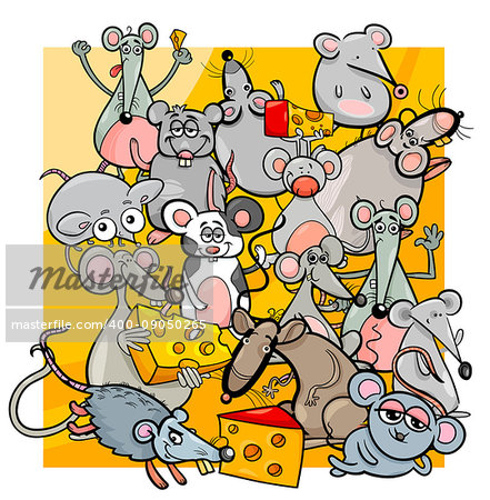 Cartoon Illustration of Cute Mice and Rats Rodent Characters Group with Cheese