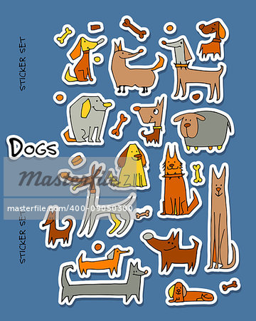 Funny dogs, stickers collection for your design. Vector illustration