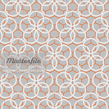 Japanese pattern in blue and orange colors. Japan inspired abstract texture design with circles on honeycomb mesh.