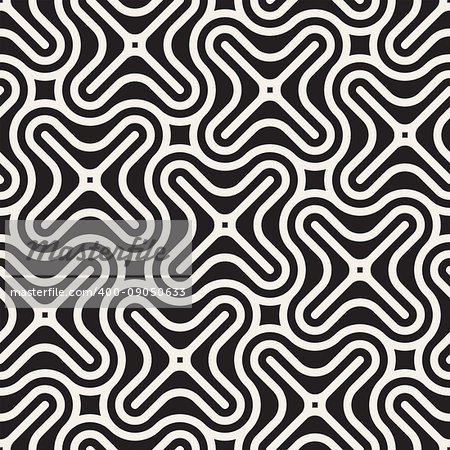 Vector Seamless Black And White Lines Pattern Abstract Background. Cross Shapes Geometric Tiling Stylish Ornament.