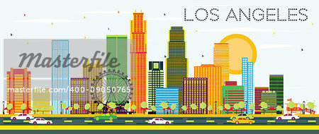 Los Angeles Skyline with Color Buildings and Blue Sky. Vector Illustration. Business Travel and Tourism Concept with Modern Architecture. Image for Presentation Banner Placard and Web Site.