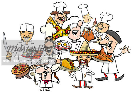 Cartoon Illustration of Funny International Cuisine Chefs Group with Food Dishes