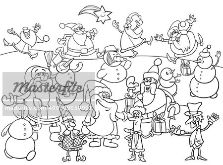 Black and White Cartoon Illustration of Santa Claus and Christmas Characters Group Coloring Book