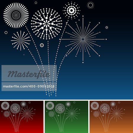 White Fireworks Bursting In Blue Red Green And Orange Skies - Background Illustration, Vector