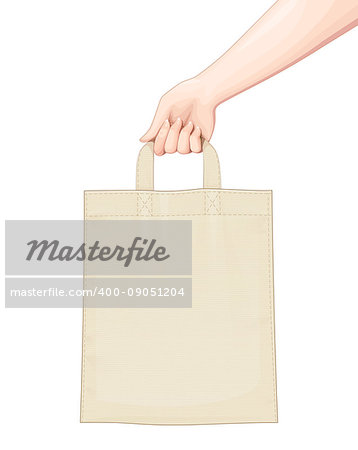 Hand hold Shopping bag. Set of accessoryes for foodstuff. Eco Bags mockup Isolated white background. Vector illustration.