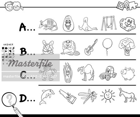 Black and White Cartoon Illustration of Finding Picture Starting with Referred Letter Educational Game Worksheet for Children with Objects and Animals Coloring Book