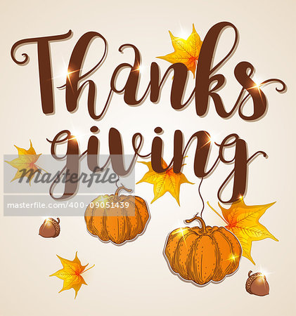 Greeting card for Thanksgiving Day with orange pumpkins, acorns and maple leaves