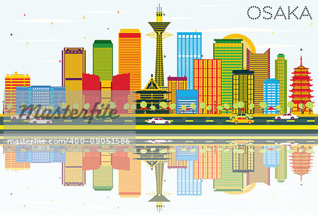 Osaka Skyline with Color Buildings, Blue Sky and Reflections. Vector Illustration. Business Travel and Tourism Concept with Modern Architecture. Image for Presentation Banner Placard and Web Site.