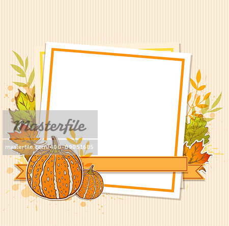 Autumn background with pumpkins, maple leaves and blank sheet of paper