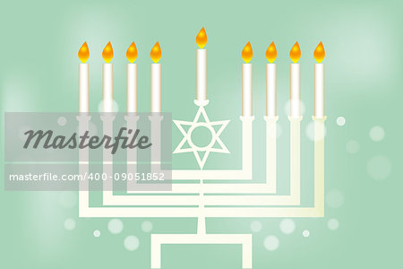 Menorah - traditional candelabra - and burning candles on light green background