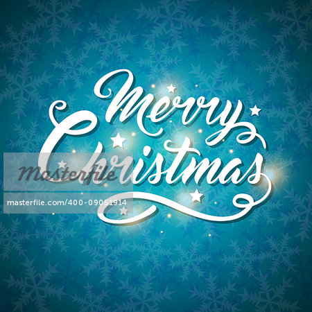 Vector Christmas card with snowflakes and greeting inscription on a blue background. Merry Christmas lettering