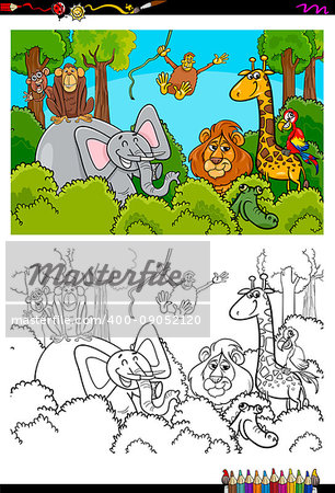 Cartoon Illustration of Animals in the Wild Coloring Book Activity