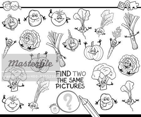 Black and White Cartoon Illustration of Finding Two Identical Pictures Educational Game for Children with Vegetable Characters Coloring Book