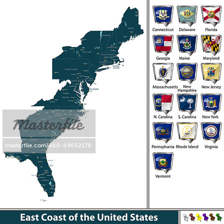 Vector set of East Coast of the United States with flags and map on white background