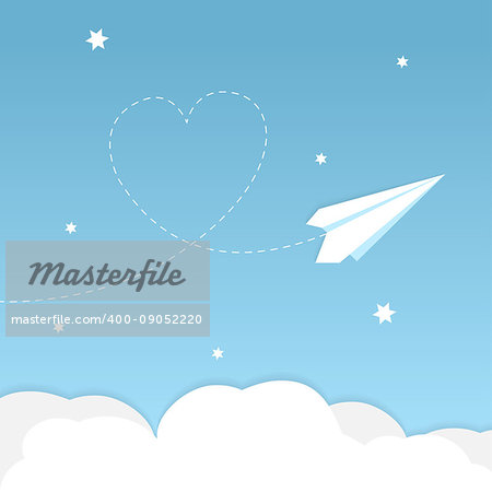 Cartoon paper airplane background with heart and clouds illustration in vector format.