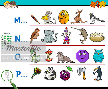 Cartoon Illustration of Finding Pictures Starting with Referred Letter Educational Game for Kids