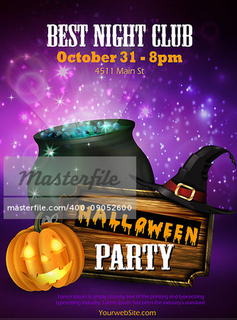 Halloween party flyer with pumpkins, hat, pot and wooden board vector