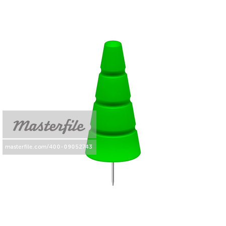Green push pin in shape of tree on white background