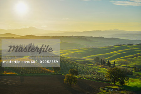 Scenic overview of the Tuscan countryside with farmhouse at sunset at San Quirico d'Orcia in the Val d'Orcia in the  Province of Siena, Italy