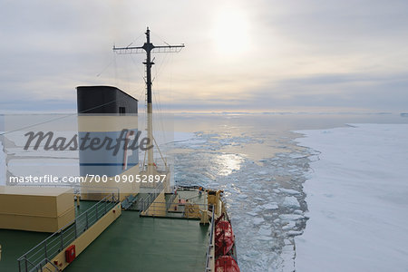 Stern of the icebreaker cruise ship, Kapitan Khlebnikov, on the way through the pack ice at Snow Hill Island in the Weddel Sea at the Antarctic Peninsula, Antarctica