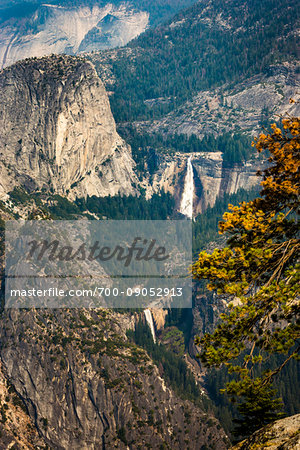 Scenic overview of Vernal and Nevada Falls from Glacier Point in the Yosemite Valley in Yosemite National Park, California, USA