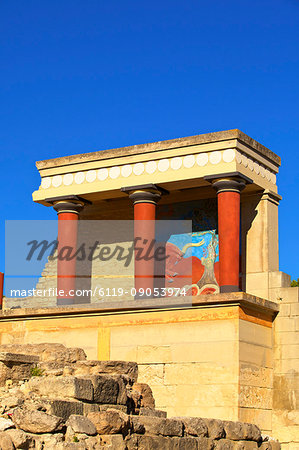 Charging Bull and Olive Tree Fresco, The Minoan Palace of Knossos, Knossos, Heraklion, Crete, Greek Islands, Greece, Europe