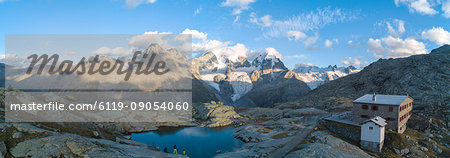 Panoramic of Bernina massif and Roseg Valley from Fuorcla Surlej, Engadine, Canton of Graubunden, Swiss Alps, Switzerland, Europe