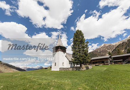 Ancient church of the alpine village of Davos, Sertig Valley, canton of Graubunden, Switzerland, Europe