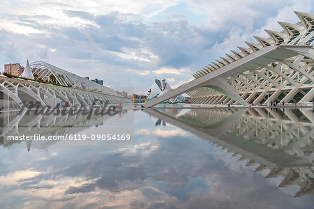 A buggy has a perfect reflection at the Valencia City of Arts and Sciences, Valencia, Spain, Europe