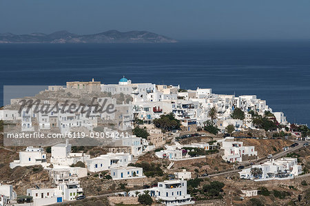 Aerial overview of Kastro Village, with island of Antiparos in background, Sifnos, Cyclades, Greek Islands, Greece, Europe