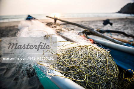 Fishing nets at sunset, Talpona Beach, South Goa, India, Asia