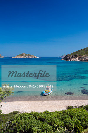 Fishing boat moored on the beach, Patmos Island, Dodecandese, Greek Islands, Greece, Europe