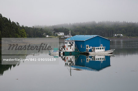 Floating dock, on a foggy day, at Welshpool on Campobello Island in New Brunswick, Canada, North America