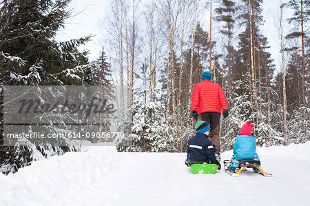 Rear view of man pulling two sons on toboggans through snow covered forest
